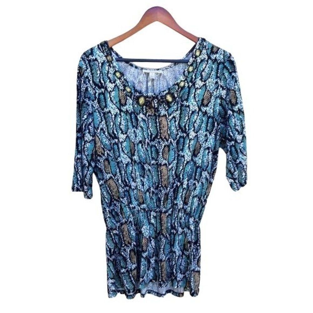 Kenar Top Blouse Animal Scoop‎ Neck 1/2 Sleeve Beaded Neckline Peplum Aqua Sz 1X